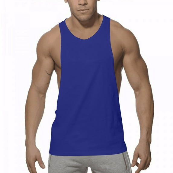 Wyobmus Men's Cotton Tank Tops High Stretch Lightweight Quick Dry Sport Shirt Solid Round Neck Sleeveless Workout Gym Tankshirt B-Blue