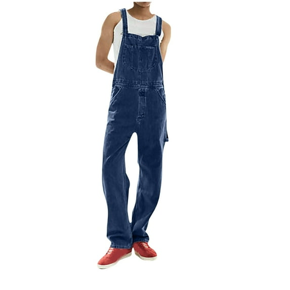 Wyobmus Men's Denim Bib Overalls Jeans Solid Color Shoulder Strap Boot Cut Denim Pants Casual Loose Fit Adjustable Straps Jumpsuit B-Blue