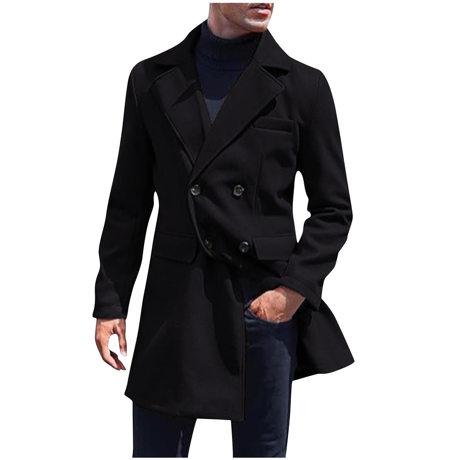 Mens Grey Plaid Double-Breasted Overcoat with Black Faux Fur Collar – Classic Winter Peacoat