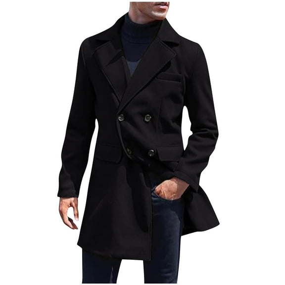 Wyobmus Men's Double Breasted Overcoat Solid Long Sleeve Pea Coat Classic Turndown Collar Winter Outwear Coat Black