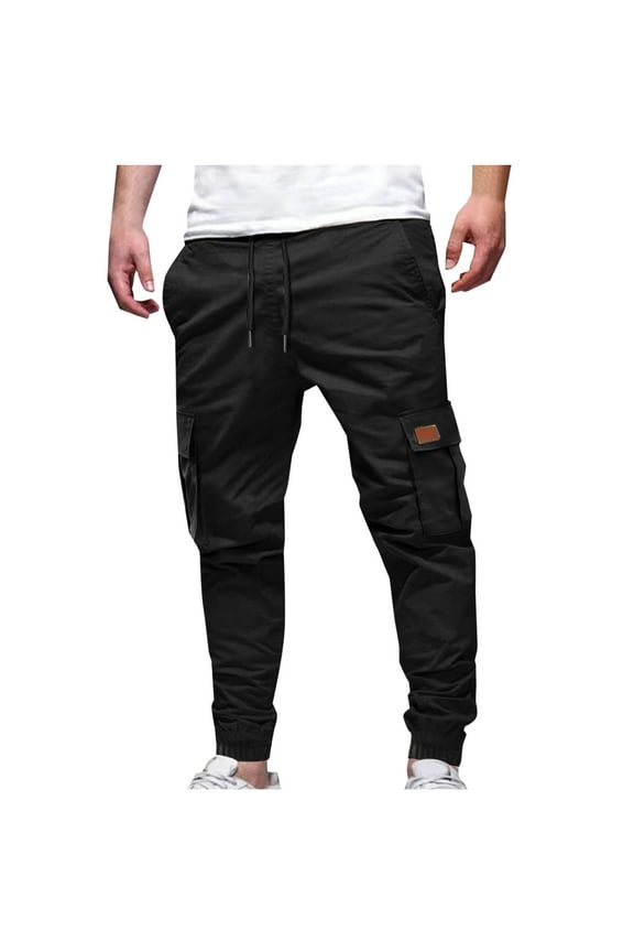 Men's Drawstring Cargo Pants Elastic Waist Work Clothes Multiple Pockets Trousers Casual Foot Binding Trousers A-Black