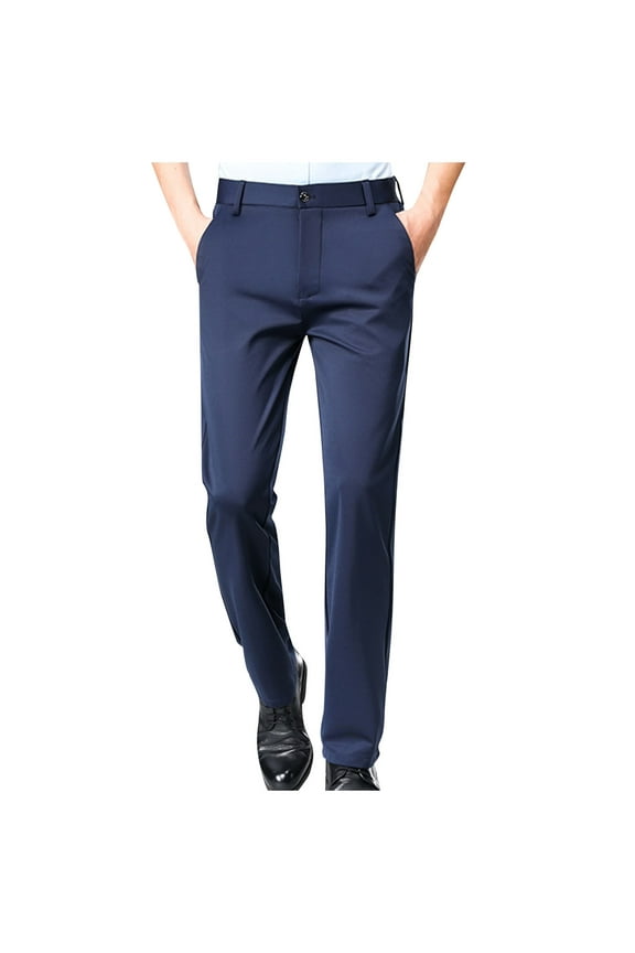 Men's Dress Pants Casual Solid Color Pockets Flat Front Hidden Expandable Waist Business Tapered Pants Blue