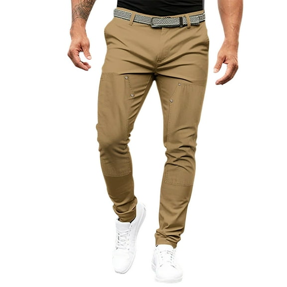 Wyobmus Men's Dress Pants Solid Color Tight Pants Sewing Button Design Business Casual Slim Trousers Brown