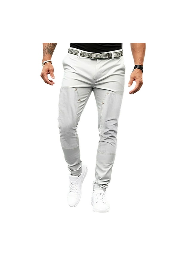 Men's Dress Pants Solid Color Tight Pants Sewing Button Design Business Casual Slim Trousers Gray