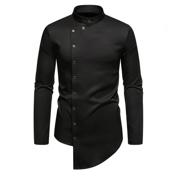 Wyobmus Men's Dress Shirts Casual Solid Color Asymmetric Hem Long Sleeves Button Lapel Tuxedo Western Basic Blouse Top Black