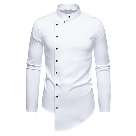 Wyobmus Men's Dress Shirts Casual Solid Color Asymmetric Hem Long Sleeves Button Lapel Tuxedo Western Basic Blouse Top White