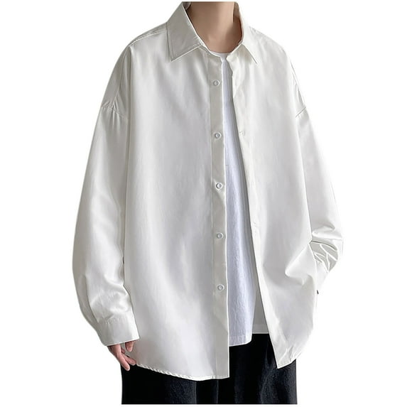 Wyobmus Men's Dress Shirts M-5XL Plus Size Casual Shirt Loose Button Down Lapeled Long Sleeve Pullover Breathable Shirt Blouse Tops White