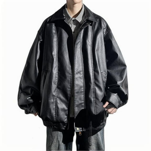 Wyobmus Men's Faux Leather Jacket Solid Color Pockets Zipper Overcoat Windproof Lapel Flight Jacket Black