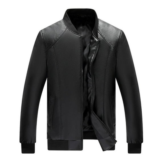 Wyobmus Men's Faux Leather Jacket Vintage Long Sleeve Winter Coat Baseball Collar Zipper Fashion Faux Leather Casual Tops Black