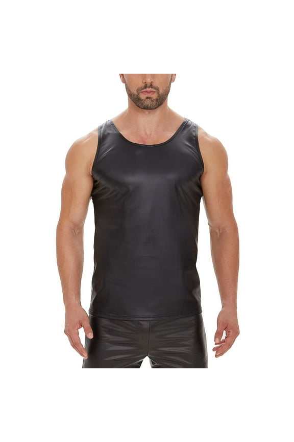 Men's Faux Leather Tank Tops Slim Fitted Undershirt Vest Sleeveless Motorcycle Party Shirt Waistcoats S-5X Black