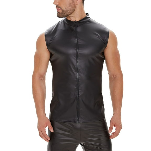 Wyobmus Men's Faux Leather Tops Elastic Undershirt Sleeveless Motorcycle Tank Top Zipper Stand Collar Shirt Muscle Waistcoats S-5X Black