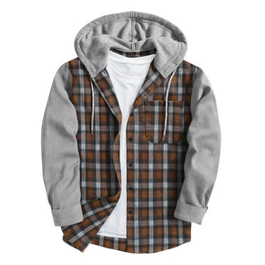 Wyobmus Men's Flannel Hoodie Shirt Plaid Drawstring Button Down Front Open Jackets Long Sleeve Casual Fashion Lightweight Sweatshirts Coffee