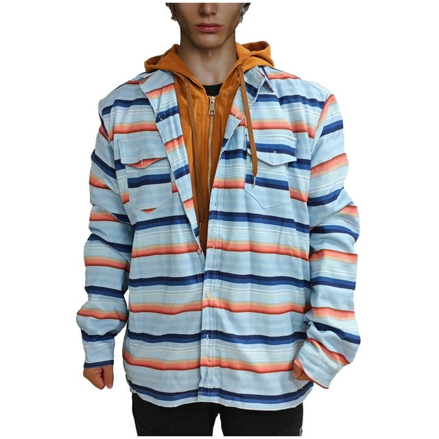 Wyobmus Men's Flannel Jacket With Hood Quilted Lined Plaid Cardigan Sweatshirt Button Down Zhipper Drawstring Hooded Jackets C-White