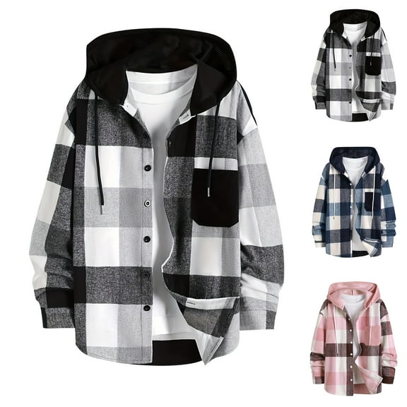 Wyobmus Men's Flannel Shirt Jacket Button Down Plaid Hoodie Jackets Long Sleeves Winter Thickened Overcoat Black
