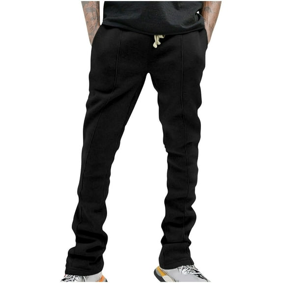 Wyobmus Men's Flared Sweatpants Loose Fit Y2K Drawstring Sport Pants Solid Color Casual Bell Bottom Jogger Pants A-Black