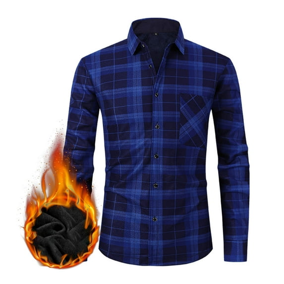 Wyobmus Men's Fleece Lined Flannel Shirt Long Sleeve Button Down Plaid Shirts Casual Soft Brushed Warm Flip Collar Jacket With Pocket B-Blue