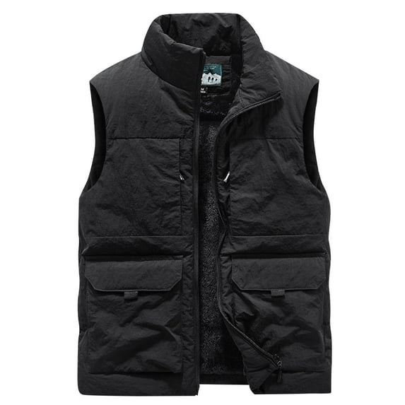 Wyobmus Men's Fleece Lined Puffer Vest Plus Size Warm Sleeveless Jacket Solid Color Zip Up Stand Collar Tank Top A-Black
