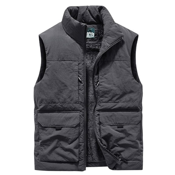 Wyobmus Men's Fleece Lined Puffer Vest Plus Size Warm Sleeveless Jacket Solid Color Zip Up Stand Collar Tank Top A-Gray