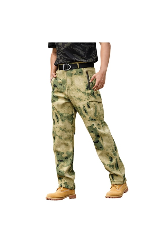 Men's Flex Ripstop Tactical Pants Softshell Camo Cargo Hiking Pants Lightweight Loose Fleece Lined Work Outdoor Trousers D-Multicolor
