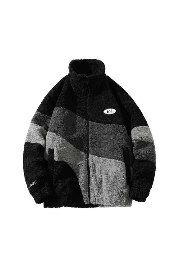 Men's Fluffy Fleece Lined Jacket Full Zip Casual Soft Plush Coats Winter Stand Collar Cardigan Outwearn Black