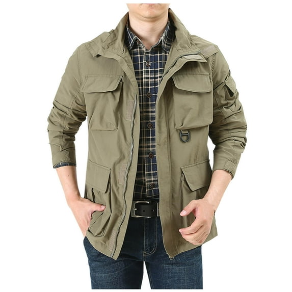 Wyobmus Men's Functional Hooded Jacket Causal Outdoor Jacket Loose Coat With Multiple Pockets Khaki