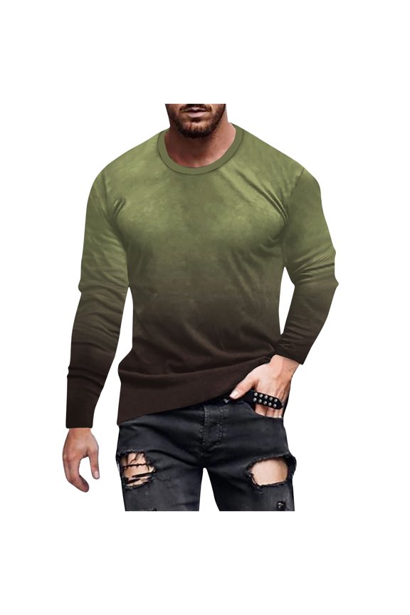 Men's Gradient Tops Plus Size Printed Tshirt Casual Long Sleeve Round Neck Shirt B-Olive Green