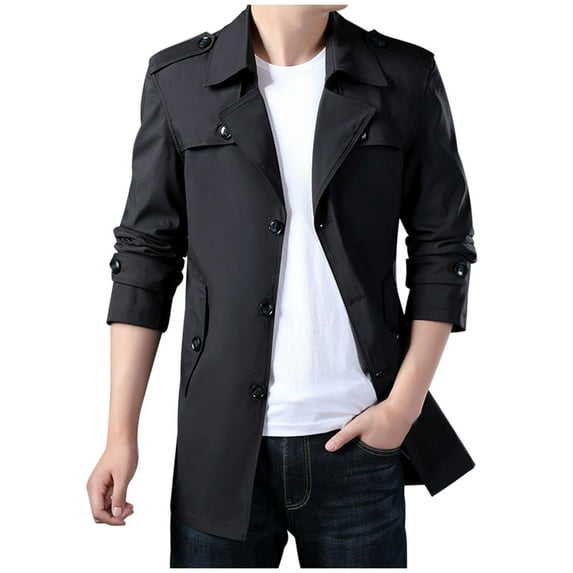 Wyobmus Men's Handsome Fashion Trench Coat Solid Color Button Pocket Overcoat Medium Long Sleeve Casual Windcoat Coat A-Black