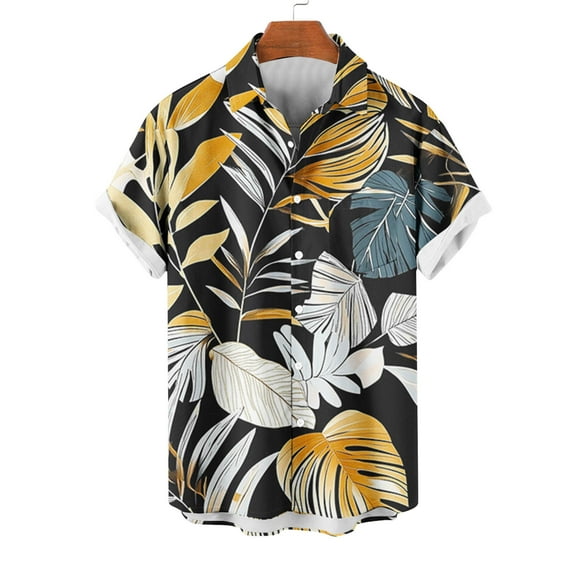 Wyobmus Men's Hawaiian Shirt Short Sleeve Vacation Button Down Shirts Lightweight Flower Printed Turndown Collar Summer Beach Shirt Gold