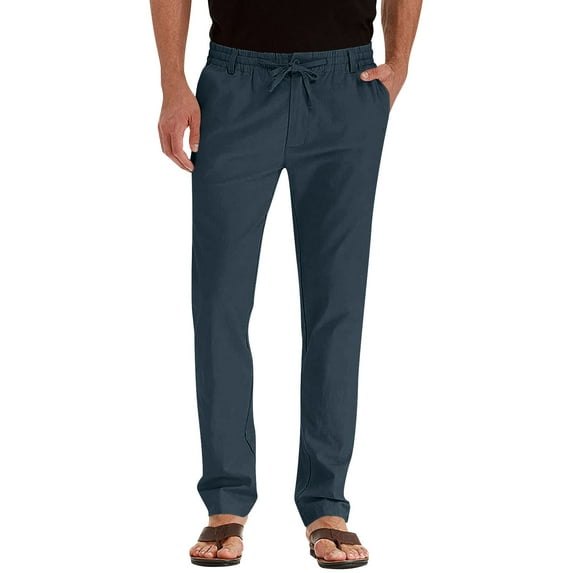 Wyobmus Men's High Waist Casual Pants Drawstring Waist Work Pants Loose Flat Front Straight Leg Lounge Pants Trousers B-Navy