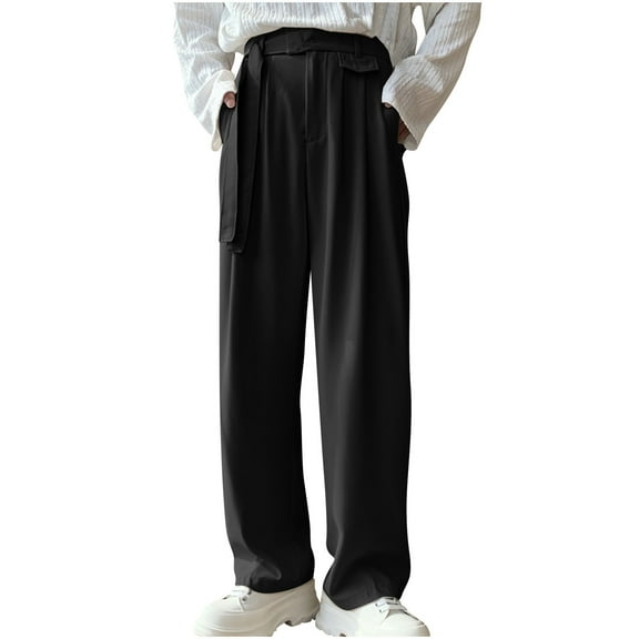 Wyobmus Men's High Waisted Business Pants Versatile Pleated Straight Leg Office Button Pants Beige