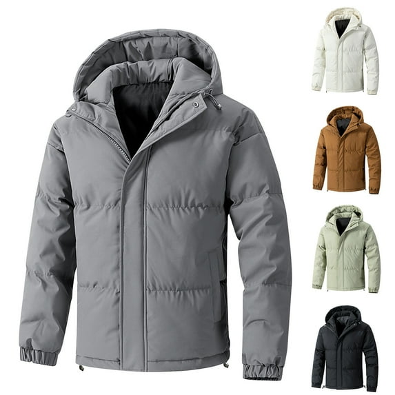 Wyobmus Men's Hooded Quilted Jacket Warm Puffer Jacket Long Sleeve Hooded Casual Outwear Coat With Snap Pocket Beige