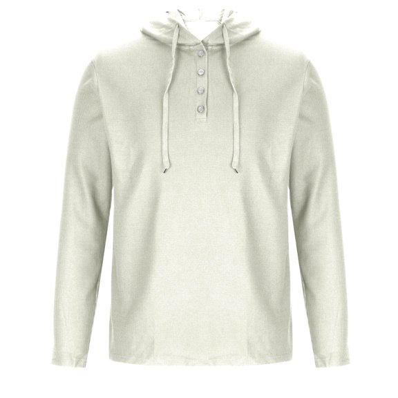 Wyobmus Men's Hooded Sweatshirts Casual Solid Button Drawstring Pullover Long Sleeve Ventilate Hooded Blouse White
