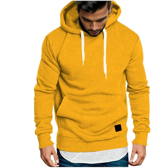 Wyobmus Men's Hooded Sweatshirts Fall Winter Hooded Drawstring Tops Pullover Solid Color Long Sleeved Sports Hoody Sweatshirt A-Yellow