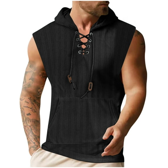 Wyobmus Men's Hooded Tank Top Sleeveless Lace-Up Pullover Top With Pocket Bodybuilding Hoodies Muscle Gym Shirts S-3X Black