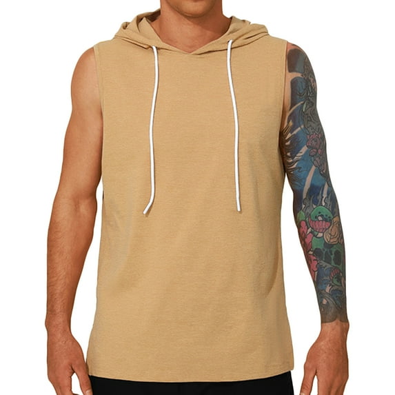 Wyobmus Men's Hooded Tank Top Sleeveless Quick Dry Hoodies Lightweight Casual Gym Workout Muscle Tee Shirt S-2X A-Khaki