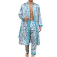thumbnail image 1 of Wyobmus Men's Kimono Robe Set Silk Satin Printed Long Sleeve Open Front Long Cardigan With Shorts 2 PCs Sleepwear Pjs Sets D-Light Blue, 1 of 4