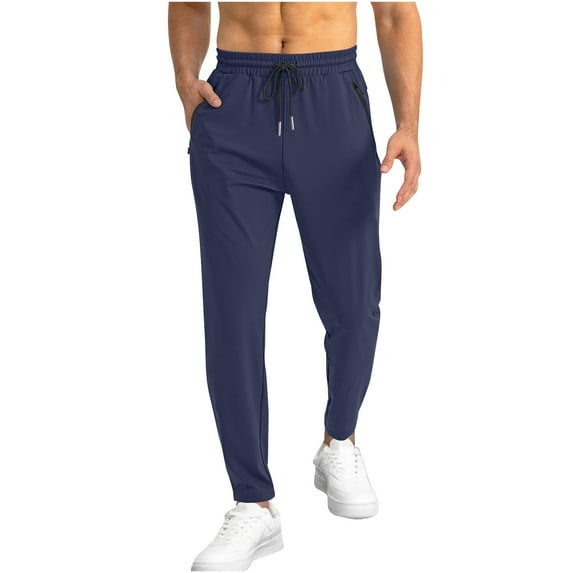 Wyobmus Men's Lightweight Athletic Pants Spring Winter Breathable Tapered Joggers Casual Solid Color Elastic Waist Drawstring Sweatpants With Zipper Pocket B-Navy
