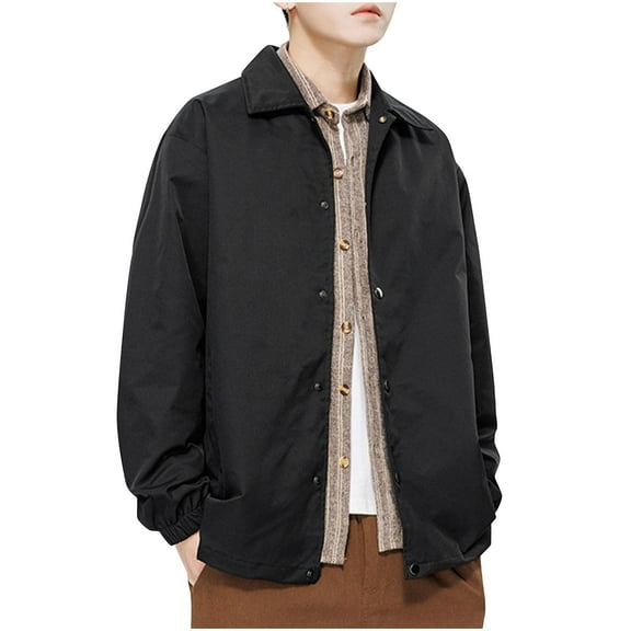 Wyobmus Men's Lightweight Bomber Jackets Cozy Loose Flip Collar Workwear Jacket Full Zip Windproof Work Coats Black