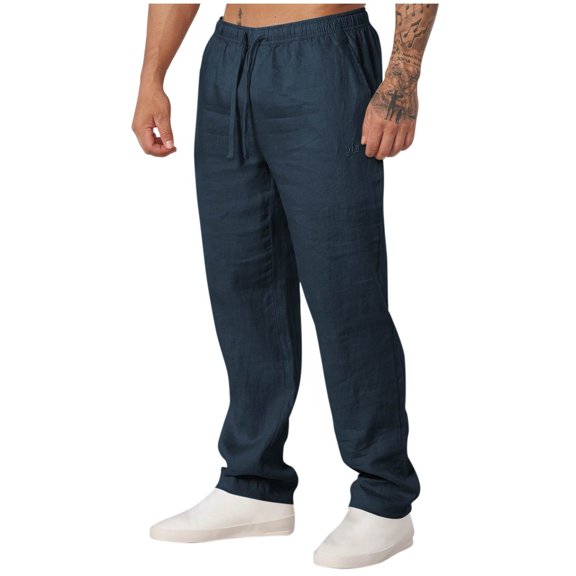 Wyobmus Men's Linen Pants Solid Color Elastic Waist Drawstring Pocket Pants Holiday Casual Pants A-Navy