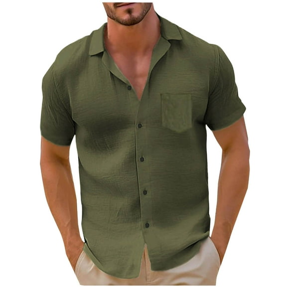 Wyobmus Men's Linen Shirt Comfort Short Sleeve Button Down Flat Shirt Solid Turndown Collar Casual Shirt With Front Pocket M-3Xl Olive Green