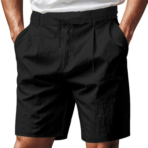 Wyobmus Men's Linen Shorts Solid Color Casual Elastic Waist Drawstring Summer Beach Short Pants With Pockets 2025 Fashion Clothes S-3X Black