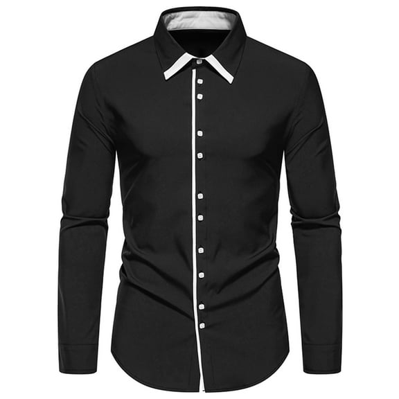 Wyobmus Men's Long Sleeve Dress Shirt Casual Color Block Button Down Shirts Business Regular Fit Turndown Collar Shirts Black