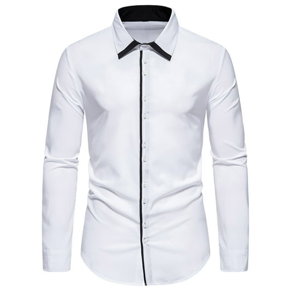 Wyobmus Men's Long Sleeve Dress Shirt Casual Color Block Button Down Shirts Business Regular Fit Turndown Collar Shirts White