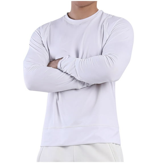 Wyobmus Men's Long Sleeve Dry Fit Active T-Shirt Casual Crewneck Gym Training Shirts Lightweight High Stretch Top White