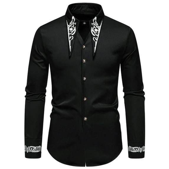 Wyobmus Men's Long Sleeve Embroidered Shirts Fashion Slim Fit Casual Button Down Shirt Black
