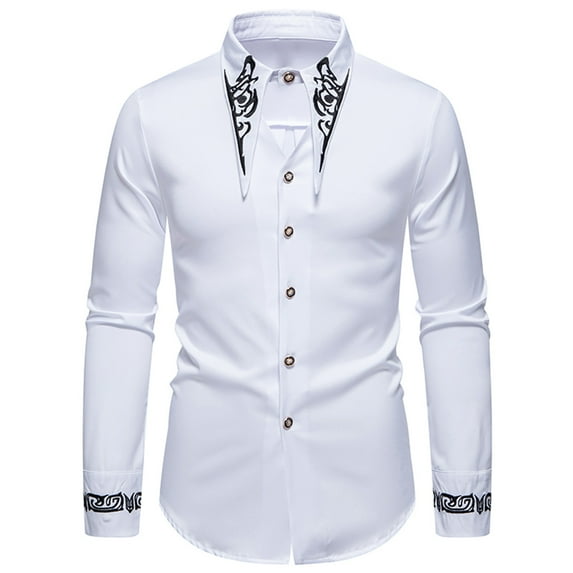 Wyobmus Men's Long Sleeve Embroidered Shirts Fashion Slim Fit Casual Button Down Shirt White