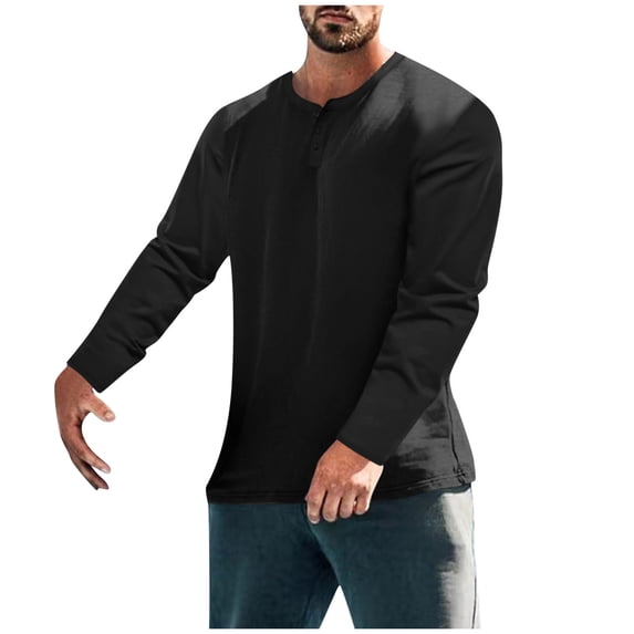 Wyobums Men's Long Sleeve Henley Shirts Button-Up Workout Running Pullover Shirt Loose Solid Round Neckline Basic Tee Tops Black