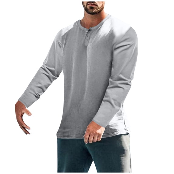 Wyobums Men's Long Sleeve Henley Shirts Button-Up Workout Running Pullover Shirt Loose Solid Round Neckline Basic Tee Tops Gray