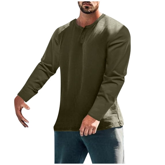 Wyobums Men's Long Sleeve Henley Shirts Button-Up Workout Running Pullover Shirt Loose Solid Round Neckline Basic Tee Tops Olive Green