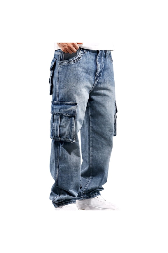 Men's Loose Fit Cargo Jeans Lightweight Stretch Carpenter Jean Distressed Straight Leg Fashion Expandable Waist Denim Pants B-Light Blue